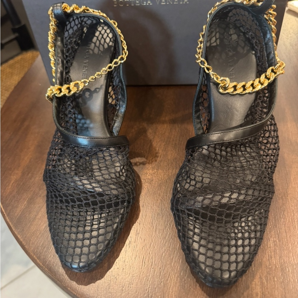 Bottega Veneta Black Mesh Heels with Gold Chain